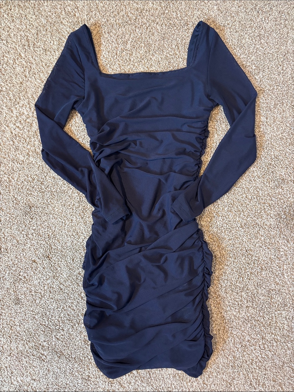 Navy Ruched Long Sleeve Square Neck Fitted Dress